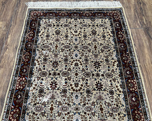 Fine Sino-Persian Silk Rug 3x5, High Quality Silk Carpet, Handmade Small Silk Rug, Allover Repeated Motif, Tan Maroon Blue Vintage Silk Rug