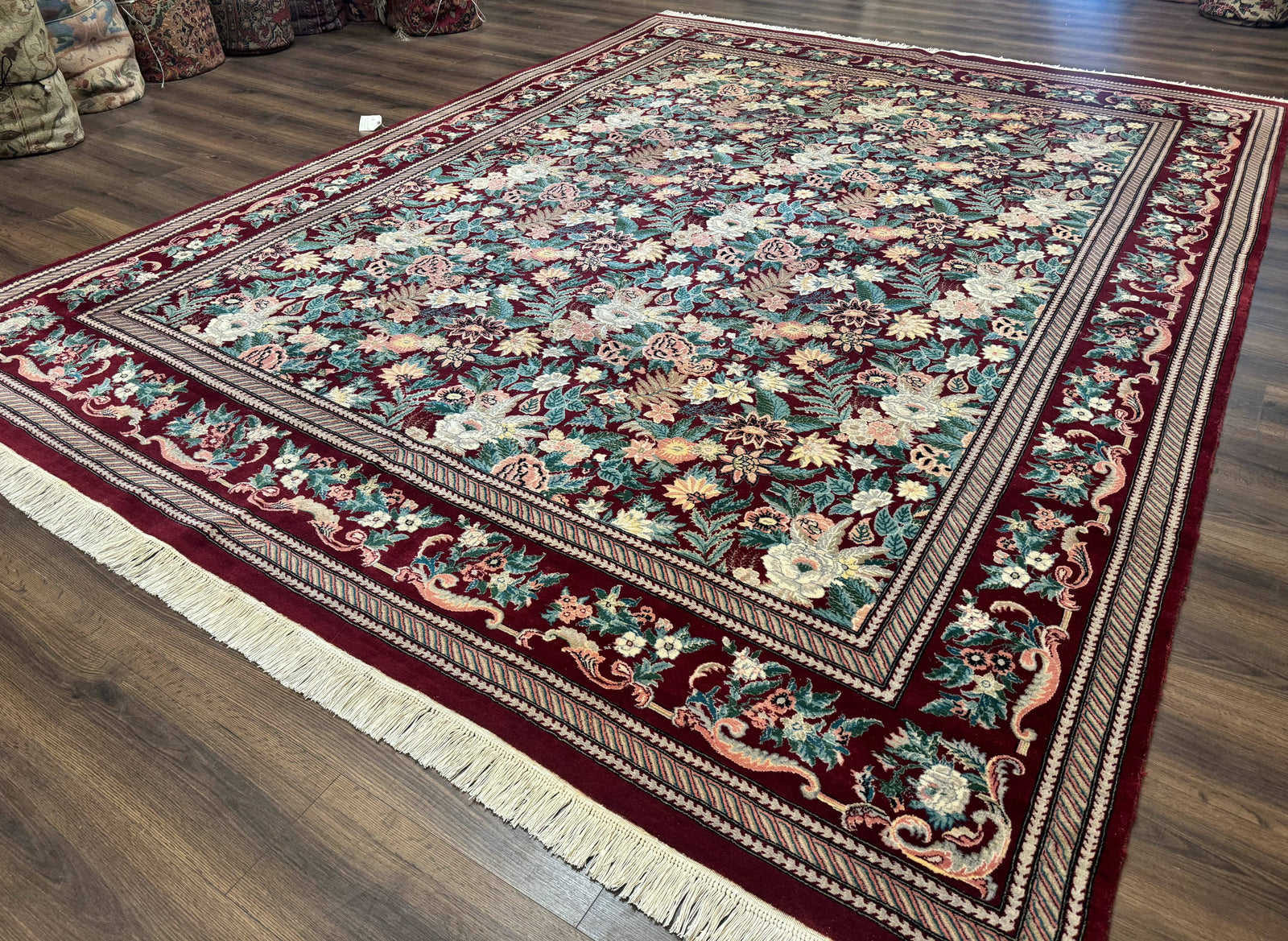 Pakistani Rug 9x12 William Morris Maroon Vintage Floral Wool