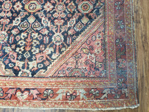 Antique Persian Mahal Area Rug 4.4 x 6.6, Wool Hand-Knotted Shabby Chic Oriental Rug, Red Black 1930s Foyer Room Carpet, Low Pile Boho Rug