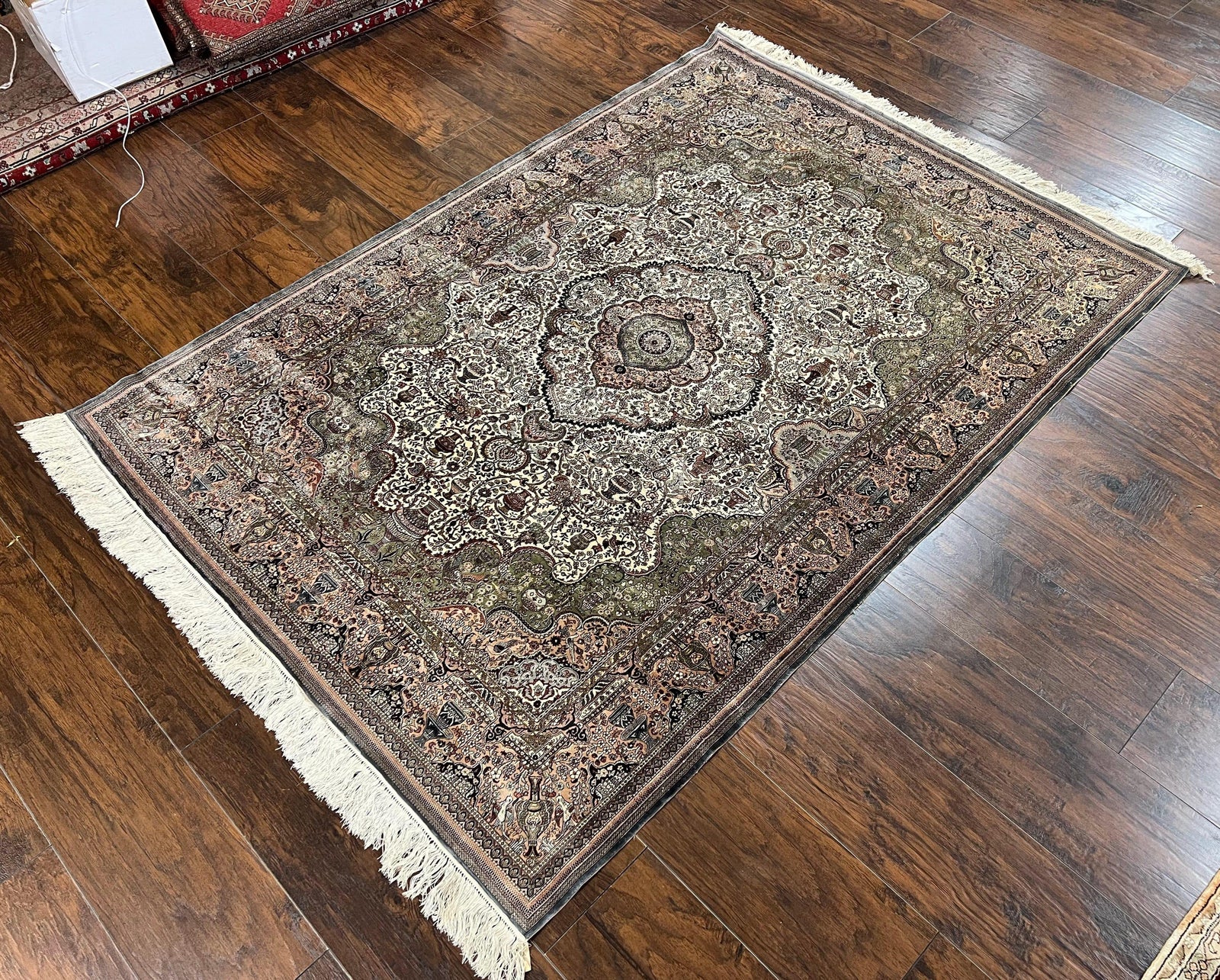 Very Fine Sino Persian Silk Rug 4x6, Floral Medallion, Hand Knotted, Silk Pile on Silk Foundation, Ivory, Vintage Handmade Oriental Carpet