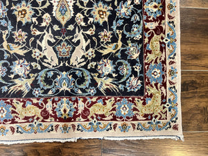 Wonderful Persian Isfahan Rug 2.4 x 4, Animal Pictorials Deer, Floral, Handmade Vintage Navy Blue Small Persian Carpet, Very Fine 430 KPSI Kork Wool