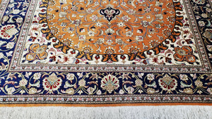 Vintage Persian Qum Silk Rug 4.6 x 6.7, Burnt Orange and Navy Blue, Antique Oriental Very Fine Signature Master Weaver 350+ KPSI Ghom Qom 5x7 Rug