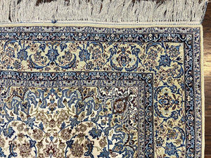 Persian Isfahan Rug 5x8, Kork Wool on Silk Foundation, 440 KPSI, Handmade Vintage Carpet, Floral Medallion Oriental Rug, Ivory & Blue, Very Fine