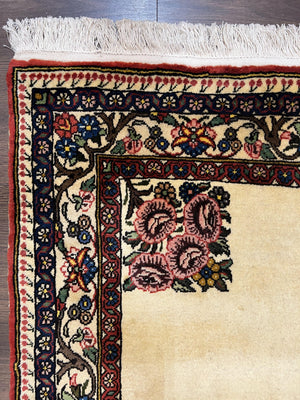 Persian Bidjar Rug 3x5, Open Field Medallion, Hand Knotted, Ivory/Cream Red Blue, Wool Oriental Bijar Carpet, 3 x 5 Vintage Area Rug, Floral Roses, Fine