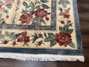 Chinese Wool Rug 8x11, Vintage 1960s Carpet, Cream and Teal, Floral Garden Panel, 8 x 11 ft Area Rug, Soft Handmade Room Sized 120 Line Rug