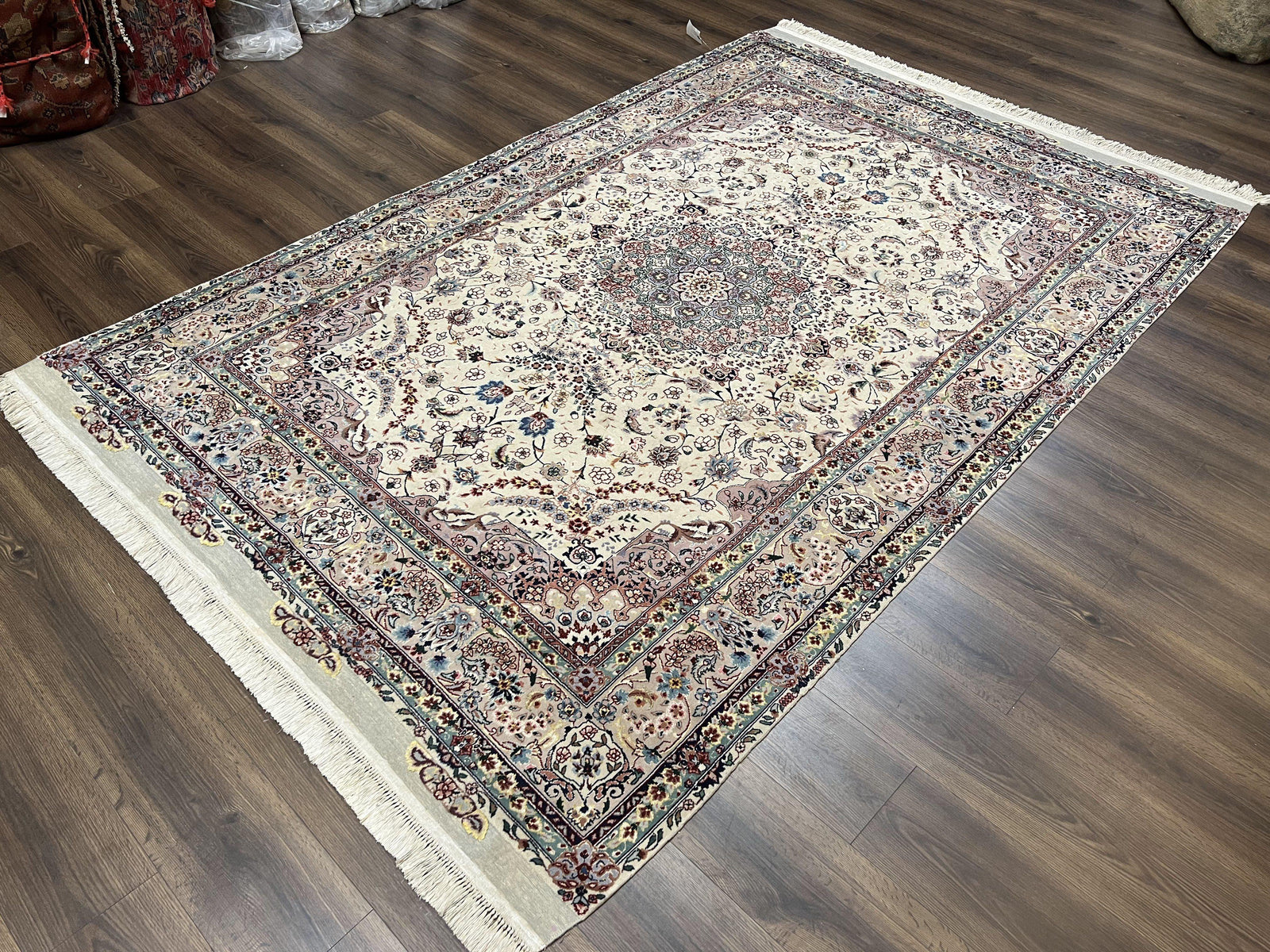 Beautiful Pak Persian Rug 6x9, Floral Medallion, Wool and Silk, Highly Detailed Elegant Carpet, Vintage Oriental Rug 6 x 9, Cream and Gray
