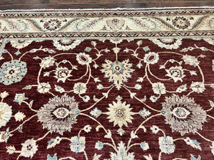Peshawar Rug 9x11, Pakistani Oriental Carpet, Maroon and Beige, Floral Allover, Wool Hand Knotted Handmade Vintage Rug