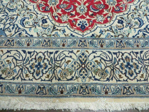 Square Persian Nain Rug 6'3" x 6' 8", Hand-Knotted, Wool with Silk Accents, Ivory Red Blue
