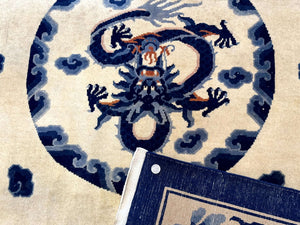 Chinese Dragon Peking Rug 8 x 11.6, Ivory and Blue, Chinese Wool Rug, Vintage