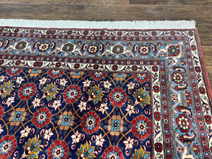 Persian Veramin Rug 7x11, Repeated Allover Pattern, Handmade Vintage Carpet, Navy Blue