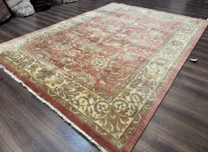 Indian Rug 8x11, Coral and Beige, Floral, Traditional Vintage Wool Carpet