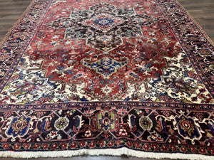Antique Persian Heriz Rug 8x11, Geometric Tribal Wool Carpet, Brick Red