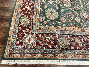 Indo Persian Rug 9x12, Wool Hand Knotted Vintage Carpet, Green and Maroon, Traditional Allover Floral Design, 9 x 12 Room Sized Rug