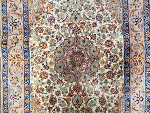 Vintage Persian Isfahan Lachak Toranj Rug, Highly Detailed, Kork Wool on Silk Foundation, Beige and Dark Blue, Hand-Knotted, 3'6" x 5' 4"