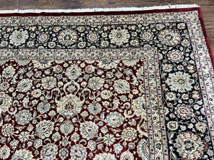Sino Persian Rug 9x12, Floral Allover Pattern, Wool Vintage Carpet, Dark Maroon Red, 9 x 12 Traditional Room Sized Rug, Finely Hand Knotted