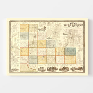 Vintage Map of Will County, Illinois 1864