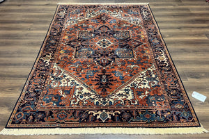Heriz Rug 5.6 x 8, Geometric Medallion, Wool Oriental Carpet, Tribal Boho Rug, Red Navy Blue Cream, Belgium Power Loomed Rug, Medium Sized