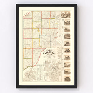Vintage Map of La Porte County, Indiana 1866