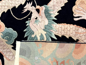 Black Chinese Wool Rug 8x10 with Dragons, Rainbow Borders, Rare