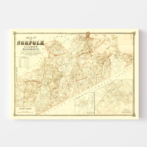 Vintage Map of Norfolk County, Massachusetts 1853