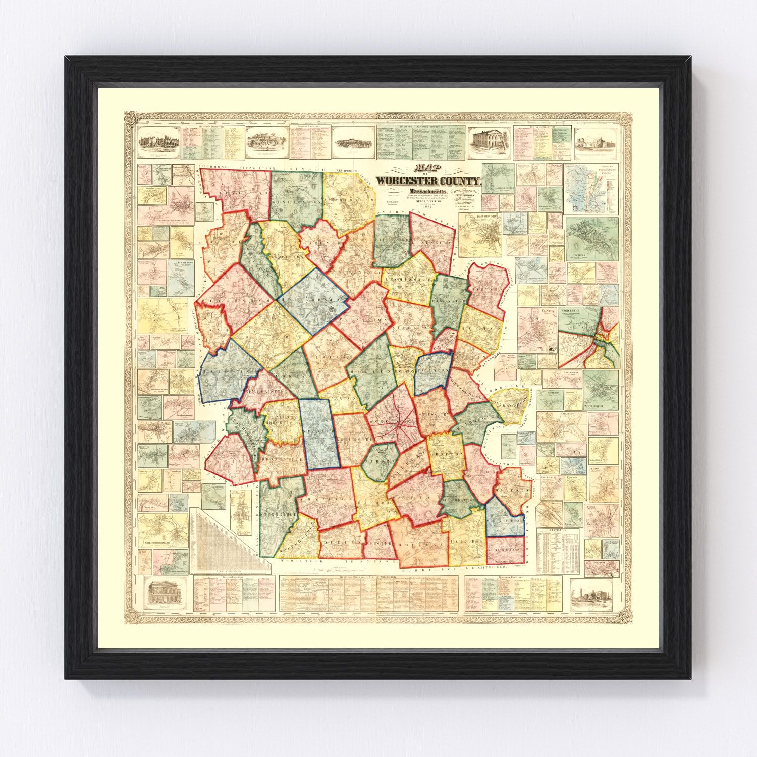 Vintage Map of Worcester County, Massachusetts 1857