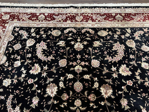 Sino Persian Rug 9x12, High Quality Oriental Carpet, Black and Maroon, Wool and Silk, Allover Floral Pattern, Hand Knotted, Vintage Rug Nice