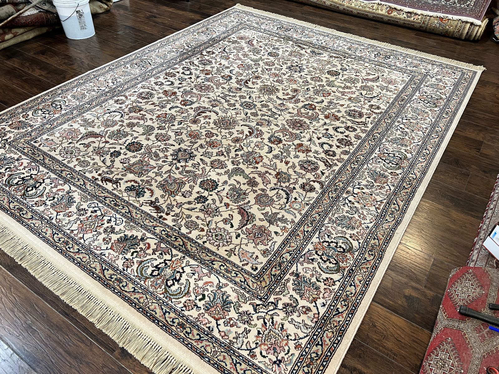 Karastan Rug #738 Tabriz Design 8.8 x 10.6, Room Sized Wool Pile Karastan Carpet, Vintage Discontinued Karastan Area Rug, Ivory, Floral Rug