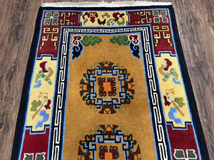 Vintage Chinese Art Deco Rug 3x6, Orange Dark Blue Maroon Chinese Peking Carpet, Asian Oriental Wool Rug, Bold Colors, Bedroom Rug, Hallway