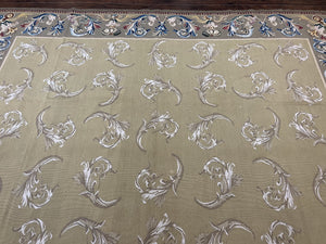 Vintage Aubusson Flatweave Area Rug 9x12, Aubusson Weave, Wool, Beige, Handmade, French European Design, 8'9" x 11'9"