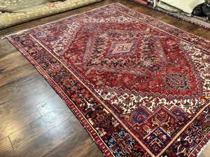 Persian Heriz Rug 9x11 ft, Geometric Rug 9 x 11, Red Room Sized Semi Antique Vintage Wool Hand Knotted Oriental Carpet