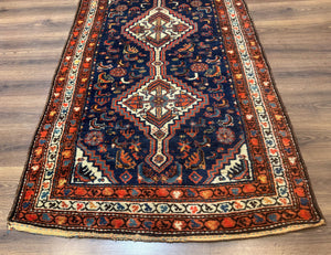 Antique Persian Hamadan Rug 4x6, Geometric, Double Medallions, Navy Blue, Tribal Carpet
