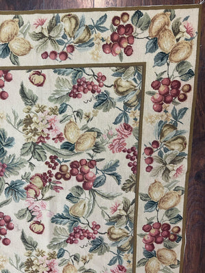 Floral Needlepoint Rug 6x9, Fruits Grapes Allover Floral Design, Beige/Cream Colorful Wool Vintage Needlepoint Carpet, Needlepoint Area Rug