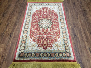 3x5 Silk Hand-Knotted Rug, Silk Oriental Carpet 5 x 3, Red & Ivory, Floral Medallion, Gold Fringes, Semi Antique Vintage Traditional Rug