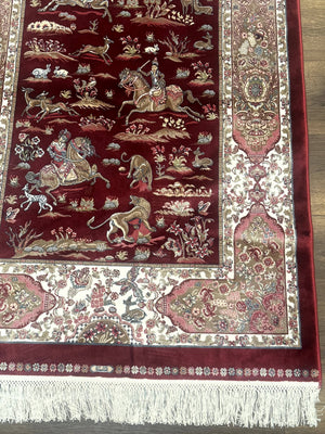 Turkish Silk Rug 3x5, Hunting Design, Dark Red & Ivory, Bamboo Silk, New