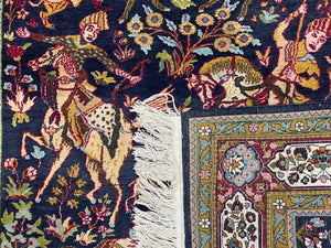 Indian Kashmiri Wool & Silk Rug 4x6 ft, Hunting Scene, Midnight Blue, Hand-Knotted, Archers, Swords, Horses, Vintage Antique Oriental Carpet