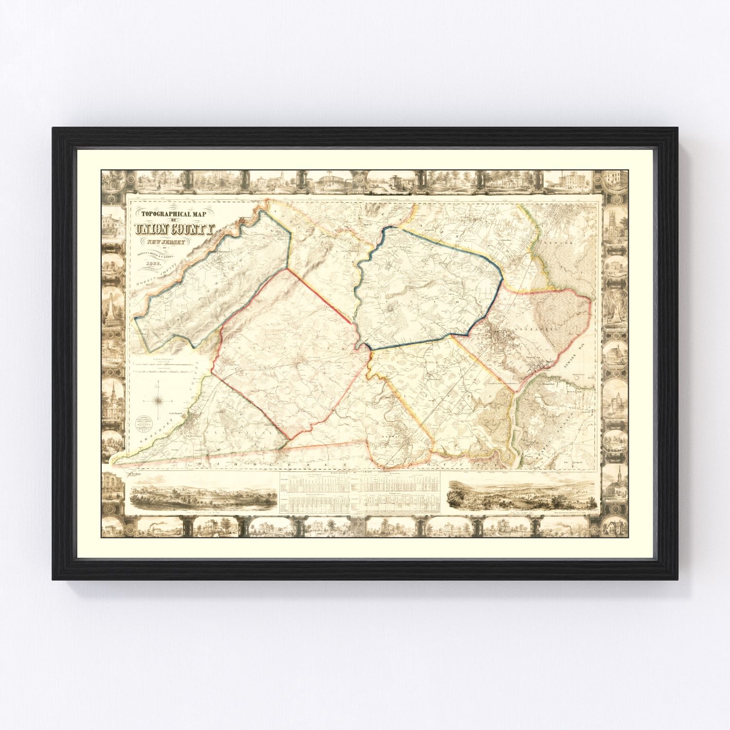 Vintage Map of Union County, New Jersey 1862