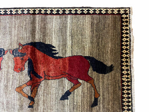 4 X 7 Handmade Hand-Knotted Quality Wool Rug Pictorial Horses Veggie Dyes Tribal