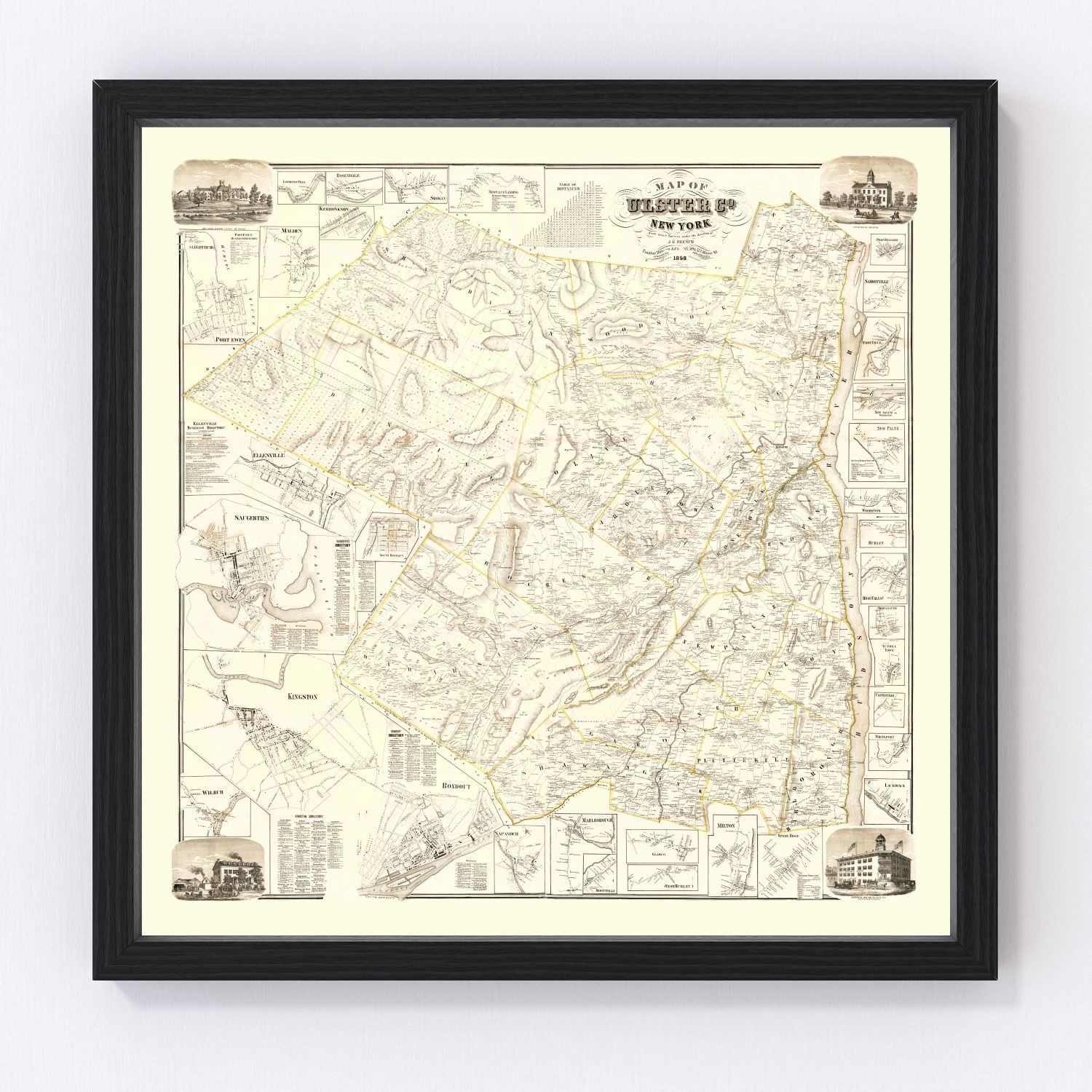 Vintage Map of Ulster County, New York 1858