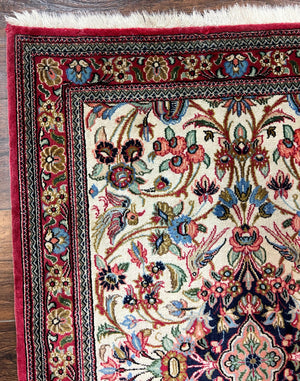 Wonderful Persian Qum Runner Rug 2.8 x 10 ft, Floral Medallions with Bird Motifs, Hand Knotted Wool Fine Oriental 10ft Hallway Runner, Cream Red
