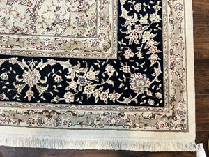 Sino Persian Rug 12x15, Ivory and Black, Floral Medallion Carpet, Large Palace Size Oriental Rug, Wool and Silk Highlights, Vintage Rug