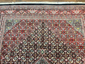 Indo Persian Rug 8x10, Wool Hand Knotted Vintage Carpet, Red & Midnight Blue, Indo Bidjar Oriental Rug, Herati Mahi Pattern, Room Sized Rug