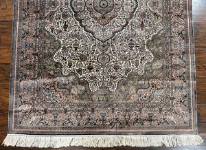 Very Fine Sino Persian Silk Rug 4x6, Floral Medallion, Hand Knotted, Silk Pile on Silk Foundation, Ivory, Vintage Handmade Oriental Carpet