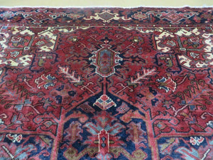 Persian Rug 8x11 Room Sized Heriz Carpet, Hand Knotted Wool Rug, Vintage Semi Antique, Geometric Medallion, Wine Red Cream Dark Blue, Wow