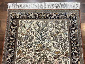 Persian Qum Tree of Life Rug 5x7, Wool and Silk Highlights, Animal Motifs, Vintage Hand Knotted Handmade Cream & Black Fine Oriental Carpet