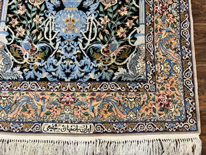 Wonderful Persian Isfahan Rug 3.7 x 5, Kork Wool on Silk Foundation, Very Fine 460 KPSI, Tree of Life Persian Vase Design Animal Pictorials Peacocks