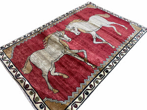 4 X 6 Handmade Hand-Knotted New Vintage Rug Wool Horses Red Organic Dyes Tribal