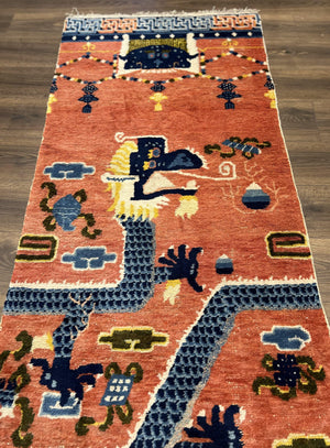 Rare Chinese Ningxia Pillar Rug 3x8, Late Qing Dynasty, 5 Clawed Dragon, Cloud Rainbow Border, Collectible Antique Carpet, Wool Hand Knotted