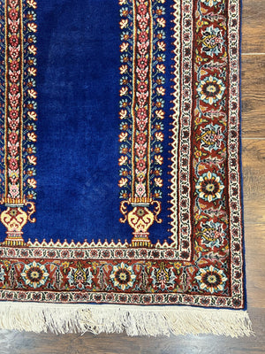Indo Persian Prayer Rug 3x5, Fine Oriental Carpet, Dark Blue and Red, Vintage Hand Knotted Handmade Prayer Rug