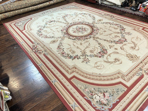 Large Aubusson Rug 10x14, Elegant French European Floral Design, Vintage Handmade Wool Room Sized Carpet, Ivory