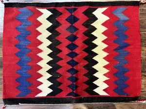 Antique Navajo Rug 3.7 x 2.8, Red Ivory Blue, Zig Zag Pattern, Handmade, Wool